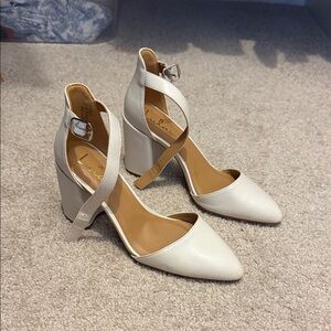 Lulu's Cream Pointed-Toe Ankle Strap Block Heels